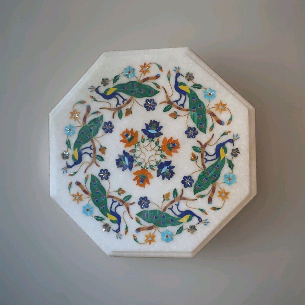 12" White Marble Tabletop Handcrafted Peacock Floral Inlay w Lapis Lazuli(?)